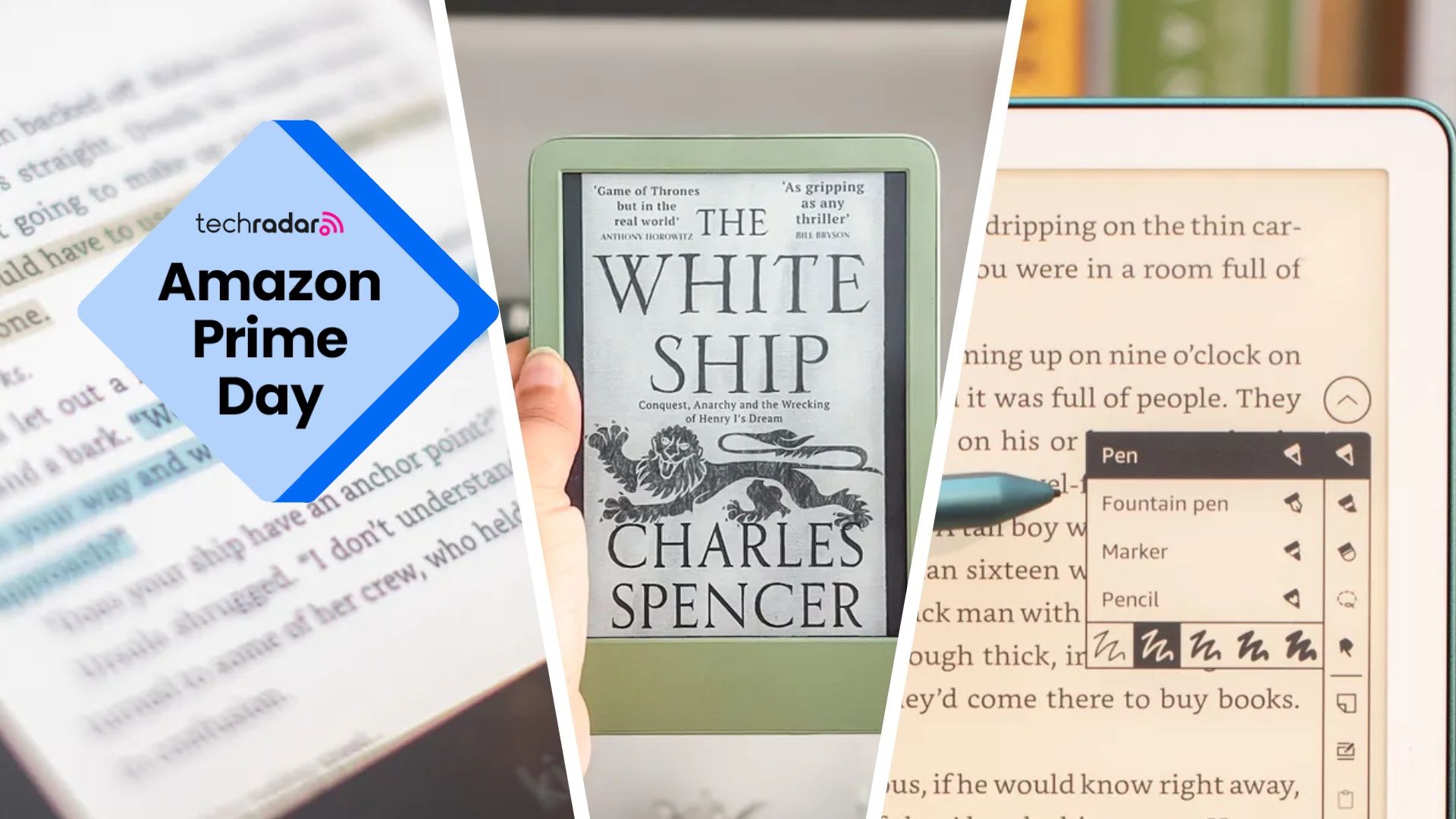 Kindle, Scribe and Colorsoft models with a badge reading "TechRadar Amazon Prime Day"