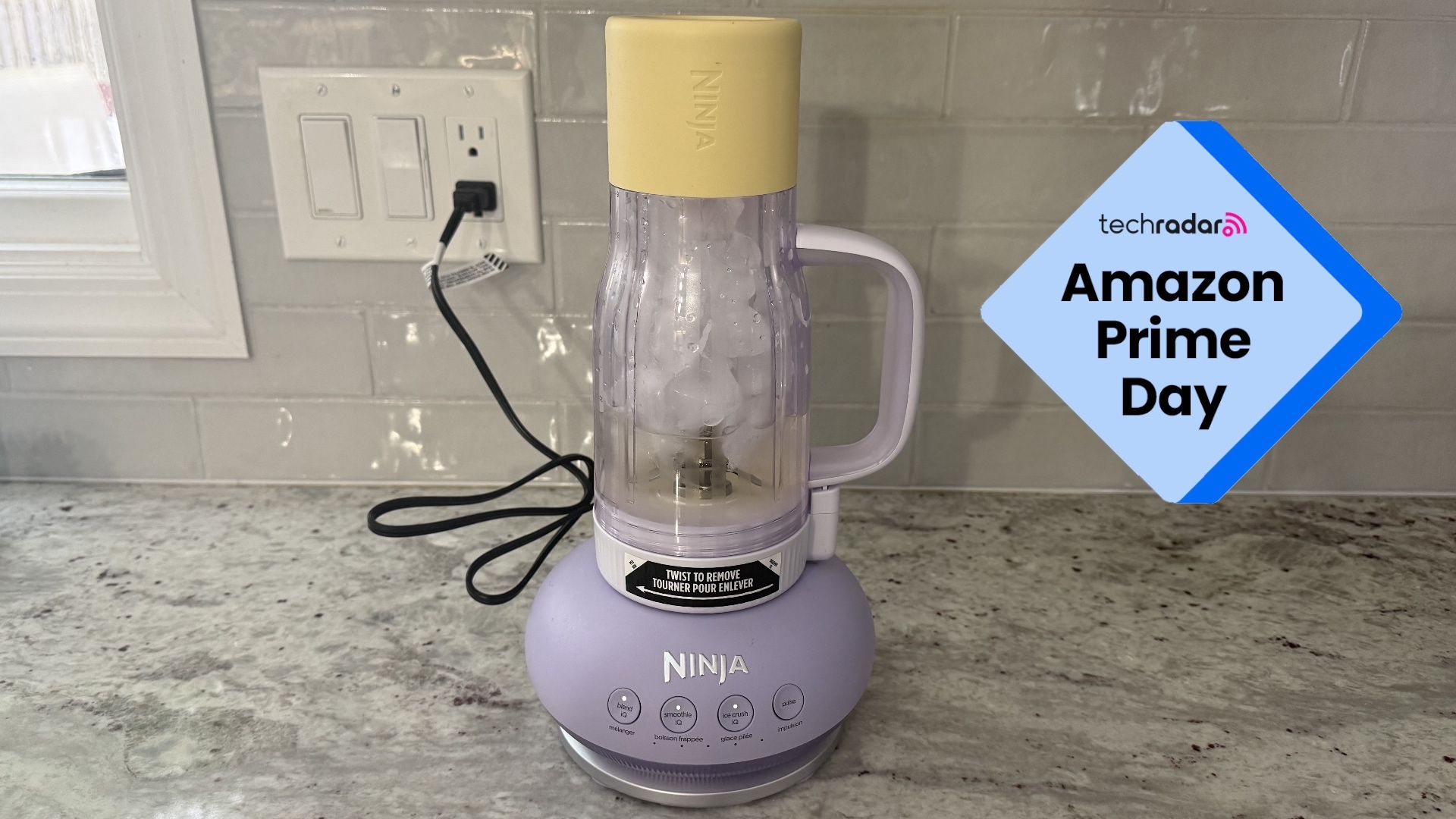 The Ninja BlendBoss full of ice, with a sign saying 'Amazon Prime Day'
