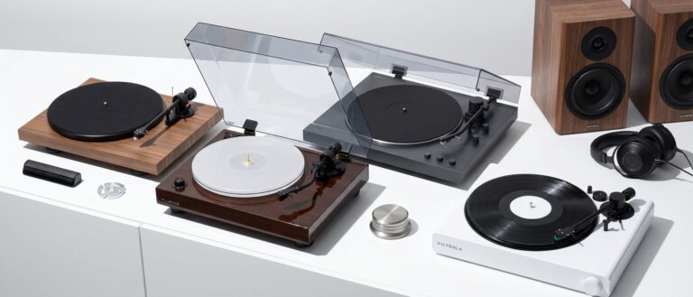 A collection of turntables on a white table, with speakers in the background