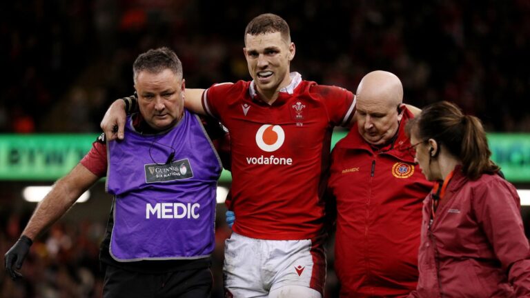 George North leaves the field with an injury after receiving medical treatment during the Guinness Six Nations 2024 match between Wales and Italy
