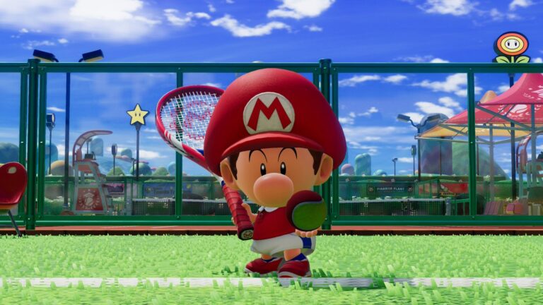 A screenshot from Mario Tennis Fever showing Mario about to serve in a game of tennis