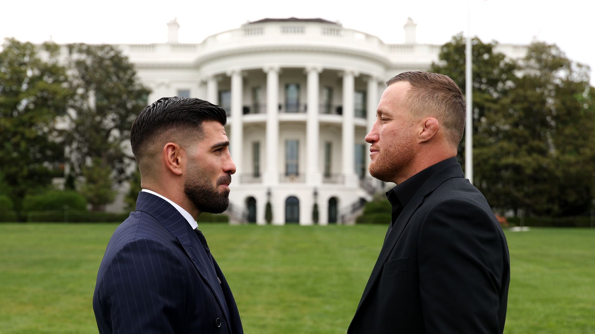 Ilia Topuria and Justin Gaethje face off on the South Lawn in front of the White House in Washington, DC ahead of UFC Freedom 250.