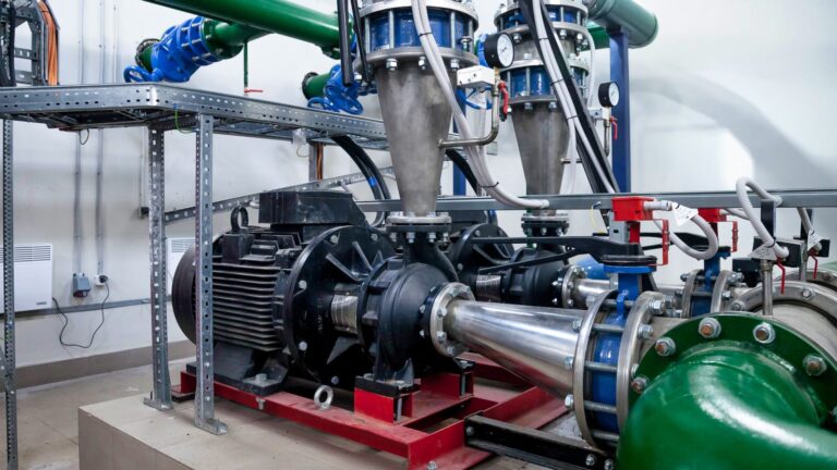 Industrial interior of water pump, valves, pressure gauges, motors inside engine room. Valve and pumps in an industrial room. Urban modern powerful pipelines and pumps, automatic control systems