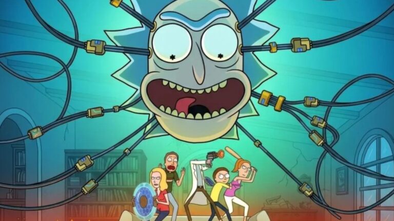 Rick's giant head floats above the Smith family wielding weapons