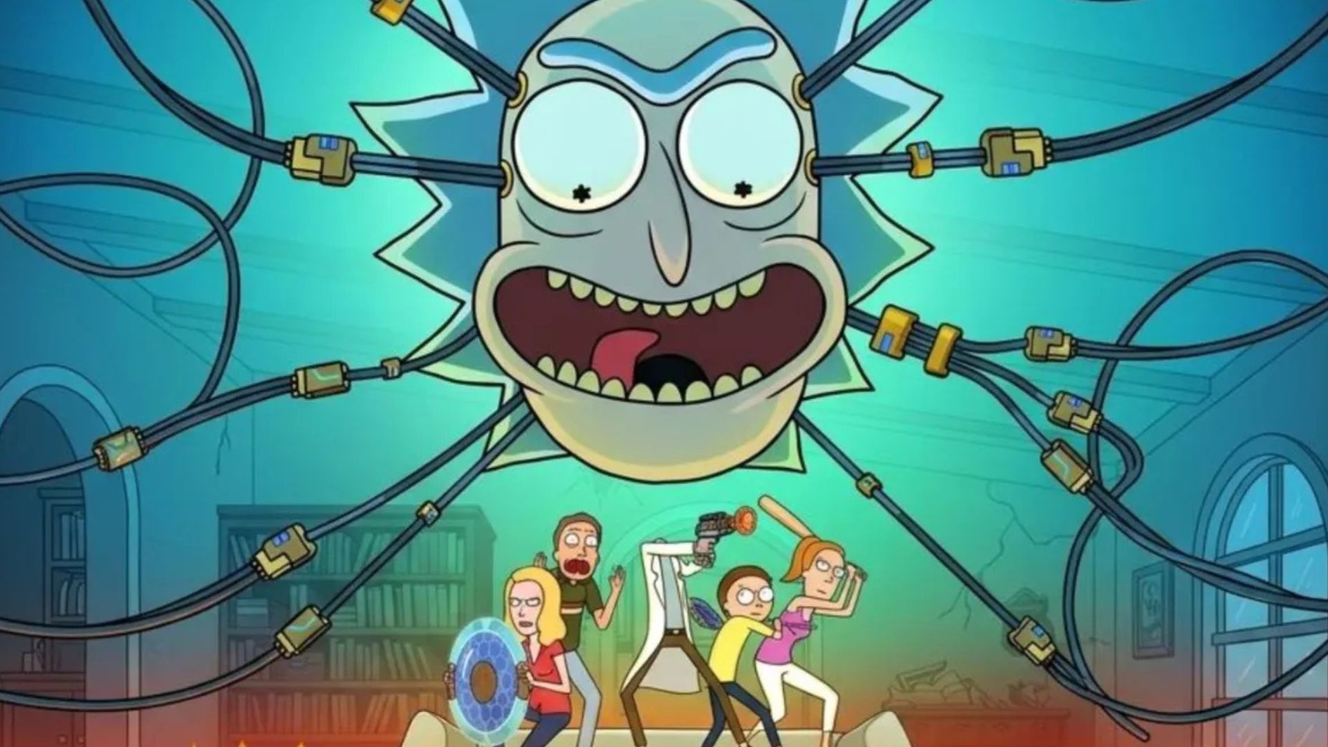 Rick's giant head floats above the Smith family wielding weapons