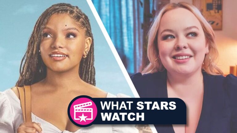 Halle Bailey and Nicola Coughlan behind a logo for What Stars Watch