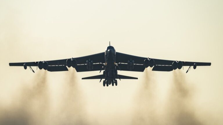 An Air Force B-52 Stratofortress takes off from RAF Fairford on March 19, 2026, in Fairford, England.