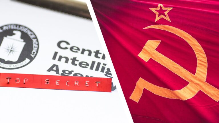 A CIA file in a split image with the Communist flag