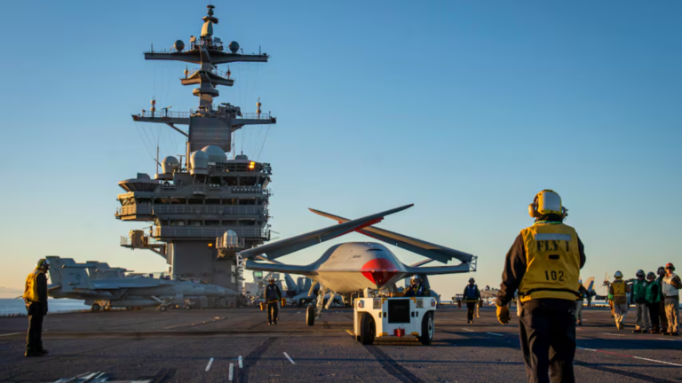 A Boeing unmanned MQ-25 on the flight deck of the carrier USS George H.W. Bush. (MC3 Brandon Roberson/U.S. Navy)