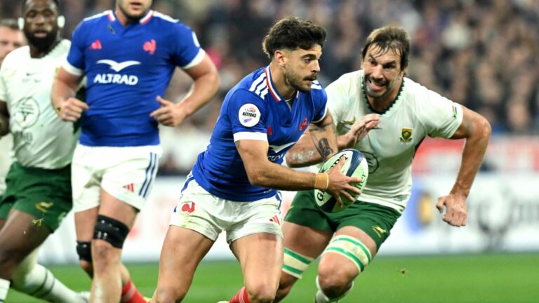 South Africa's Eben Etzebeth chasing France's Romain Ntamack in a rugby match
