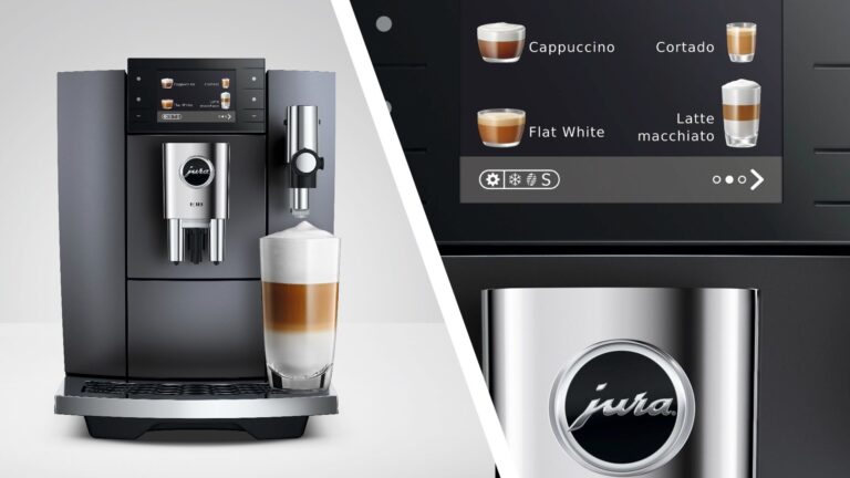 Split image of whole Jura E10 coffee maker, and close-up of coffee menu