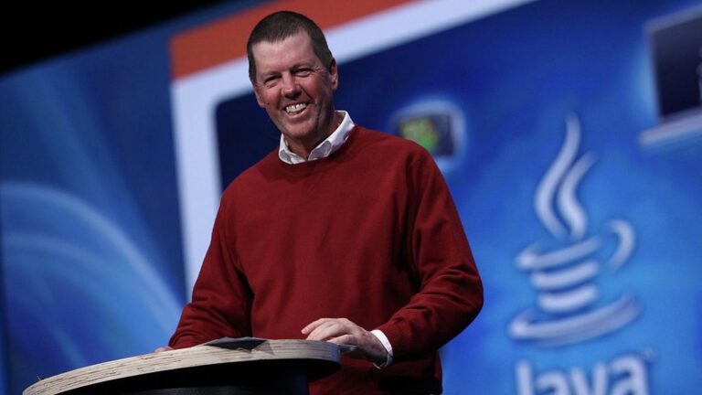 Scott McNealy speaking at a tech conference