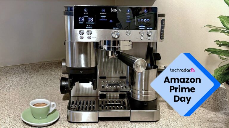 Ninja Luxe Cafe Premier espresso machine in stainless steel on a kitchen counter, with an Amazon Prime Day badge in the bottom right.
