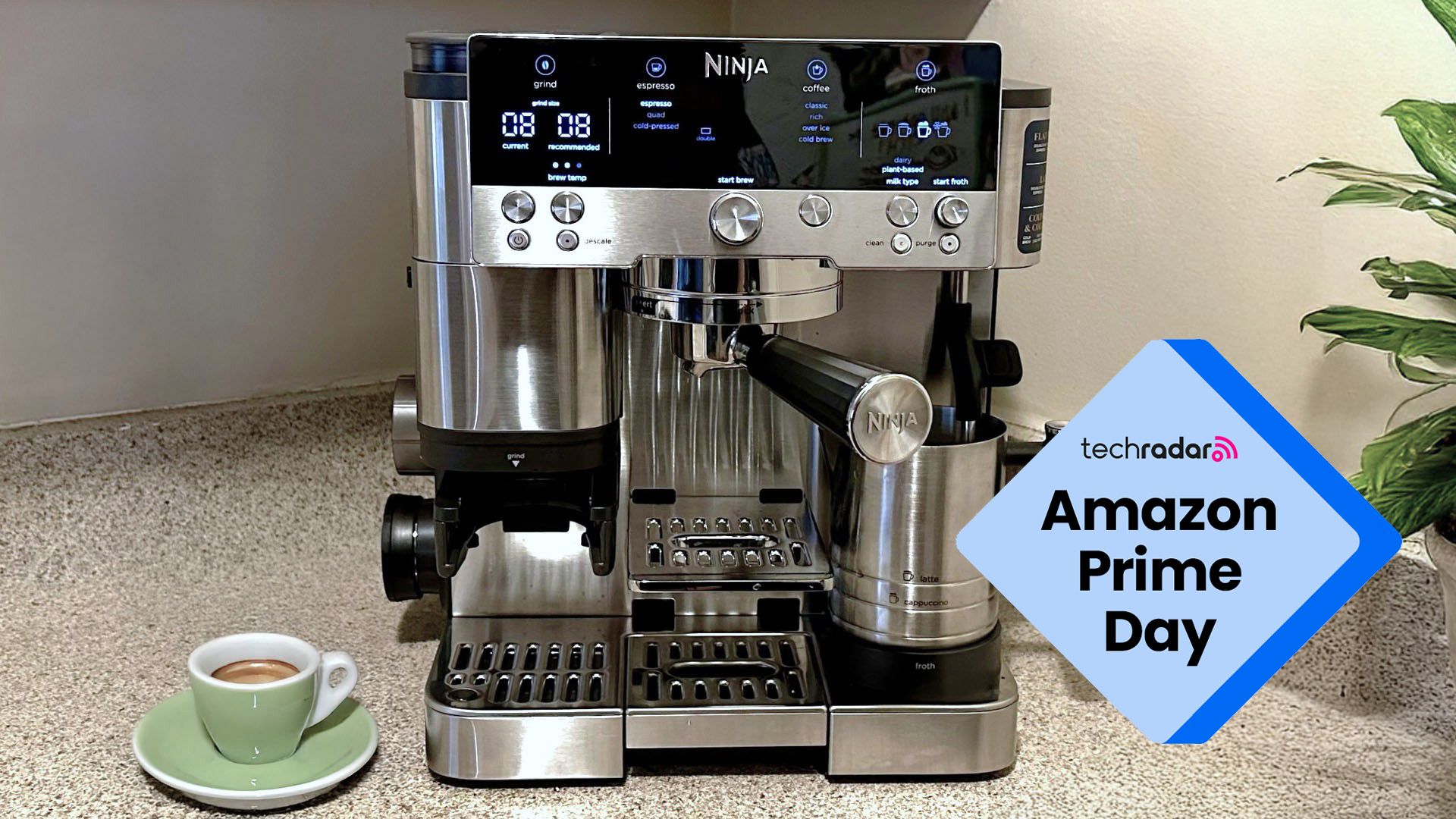 Ninja Luxe Cafe Premier espresso machine in stainless steel on a kitchen counter, with an Amazon Prime Day badge in the bottom right.