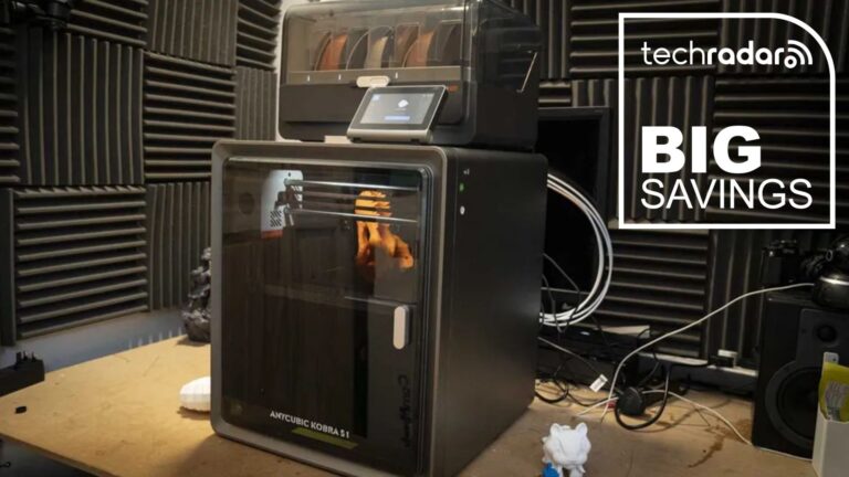 The Anycubic Kobra S1 in our workshop during review, next to a white TechRadar badge in the upper right corner that reads 'Big Savings'
