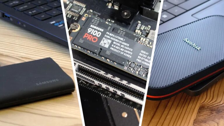 The Samsung T9, Samsung 9100 Pro, and SanDisk Extreme Pro SSDs in a three-way split during our review process