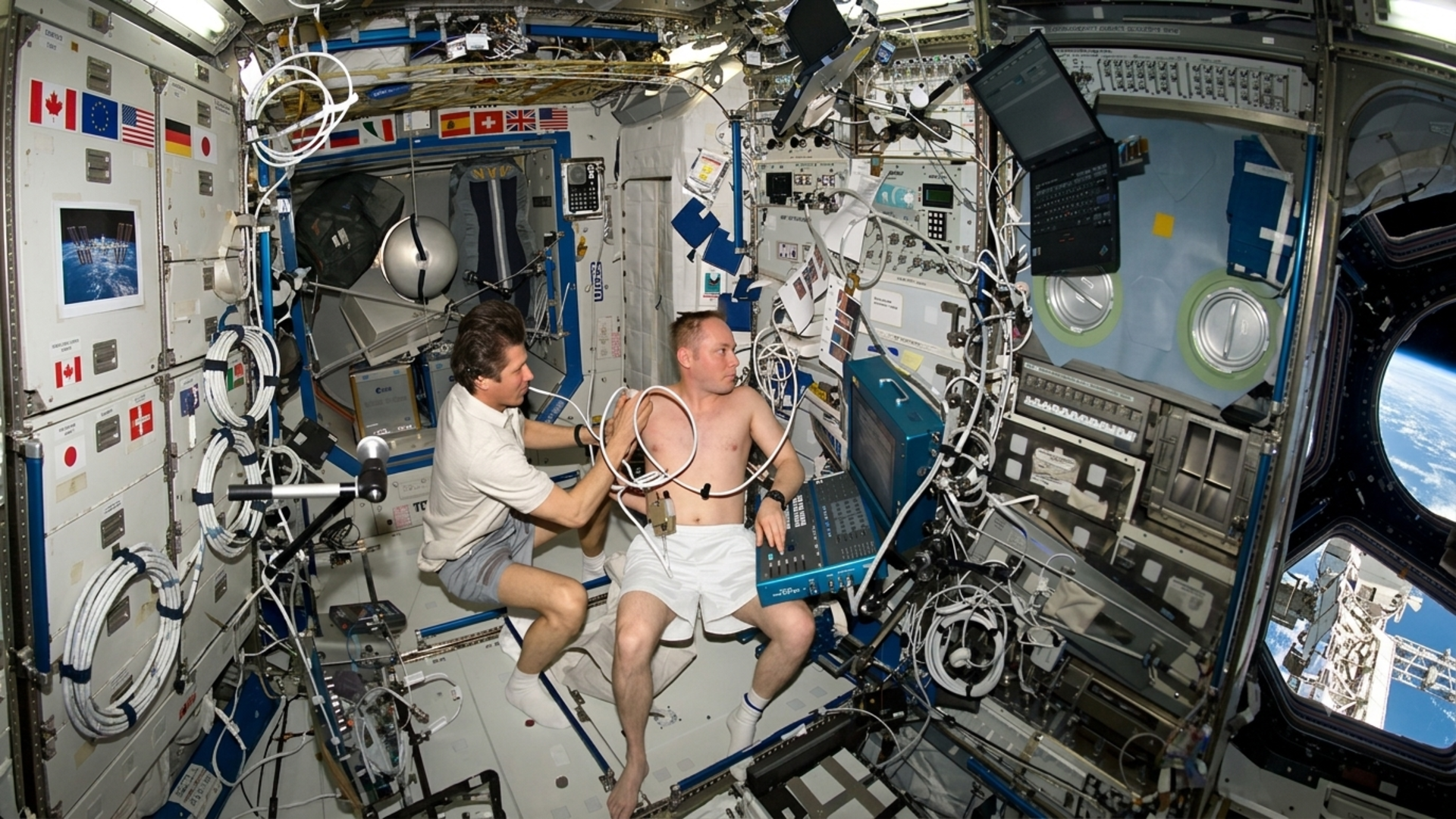 In this image, ultrasound procedures help provide for medical diagnoses on the International Space Station.