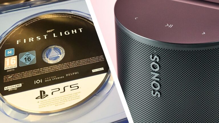 A PS5 disc for 007 First Light on the left, a photo of the Sonos logo on a speaker on the right