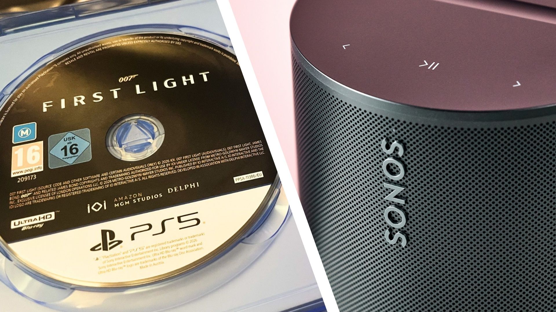 A PS5 disc for 007 First Light on the left, a photo of the Sonos logo on a speaker on the right