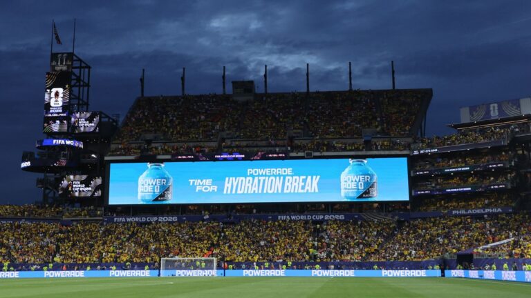 An advert for Powerade shown during a hydration break at World Cup 2026