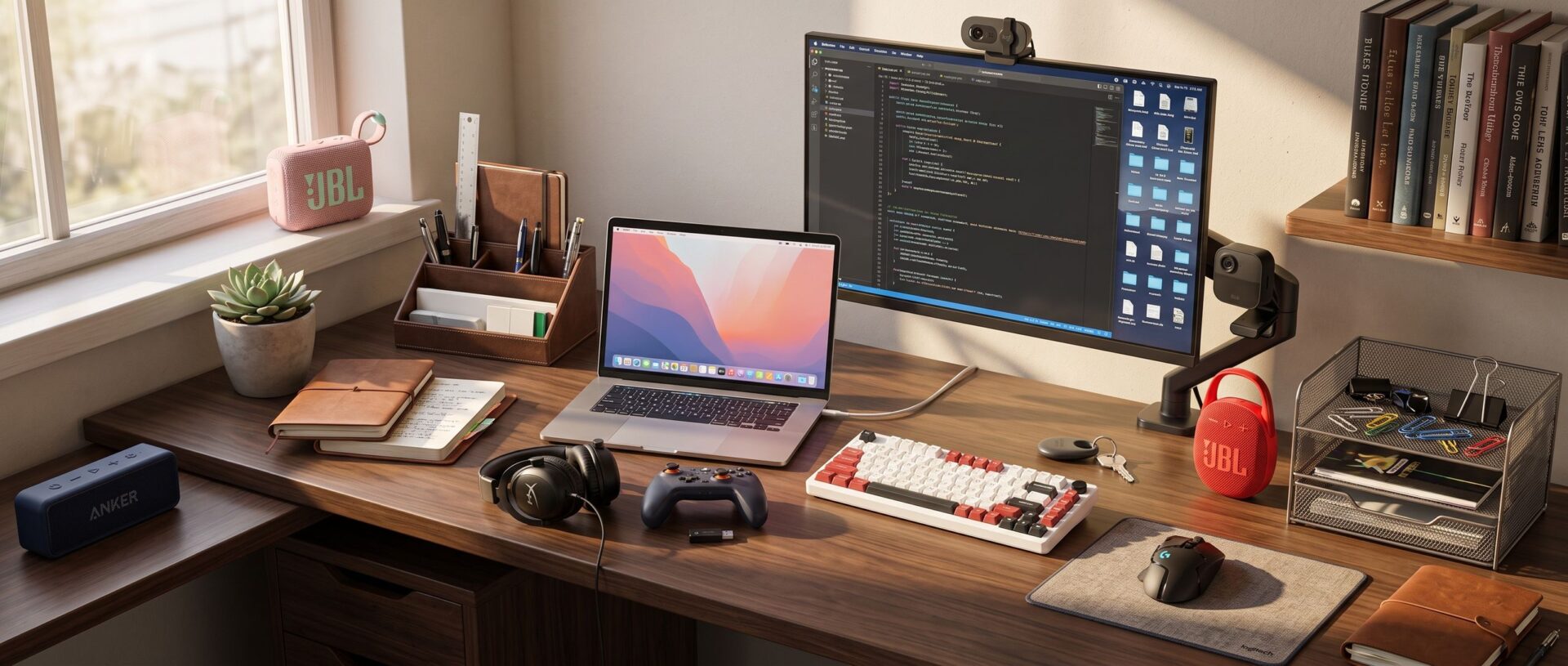 A home office desk setup with tech peripherals and accessories