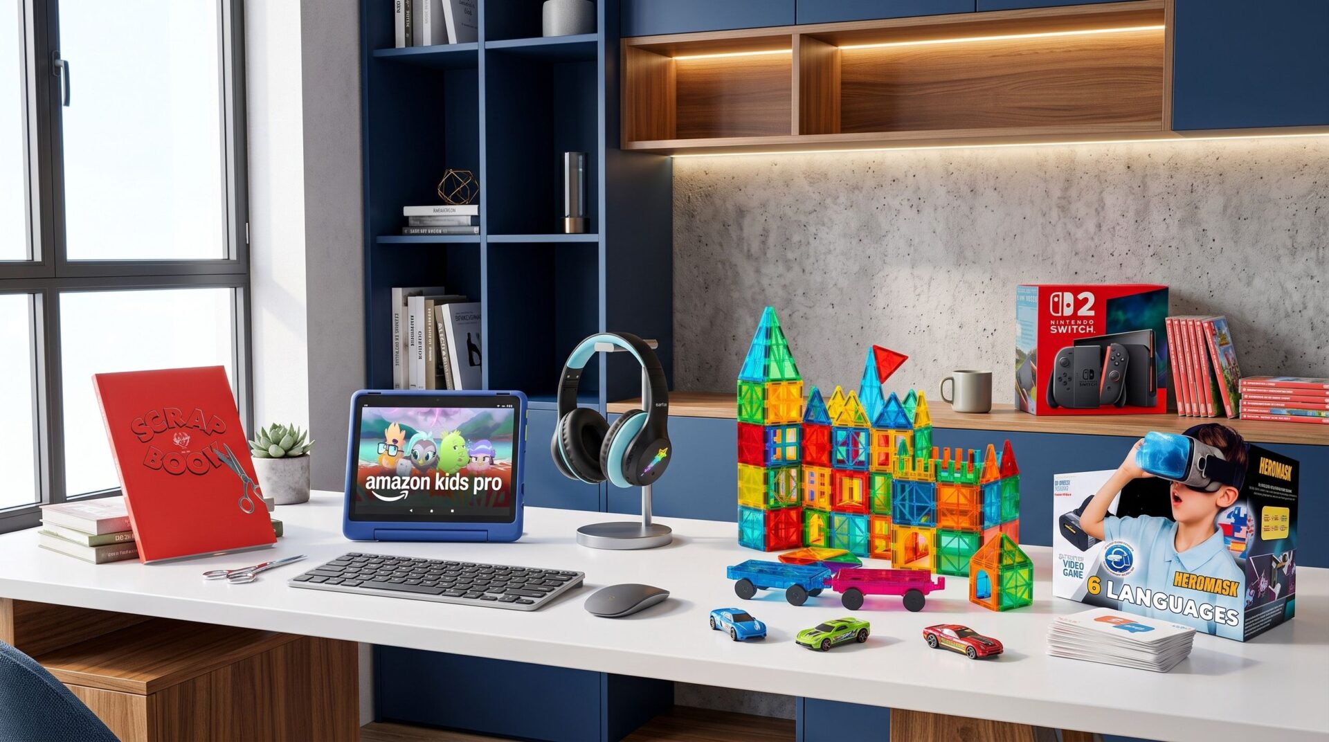 Children's toys and tech on an office desk