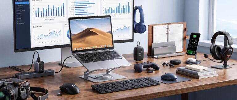 A home office setup with assorted tech accessories