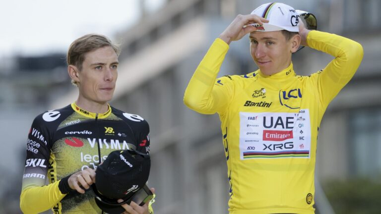 Jonas Vingegaard and Tadej Pogacar at the Tour de France in 2025