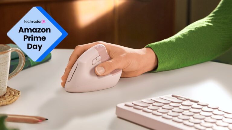 A TechRadar Prime Day deals badge overlays an image of a person using the Logitech Lift vertical mouse at a desk
