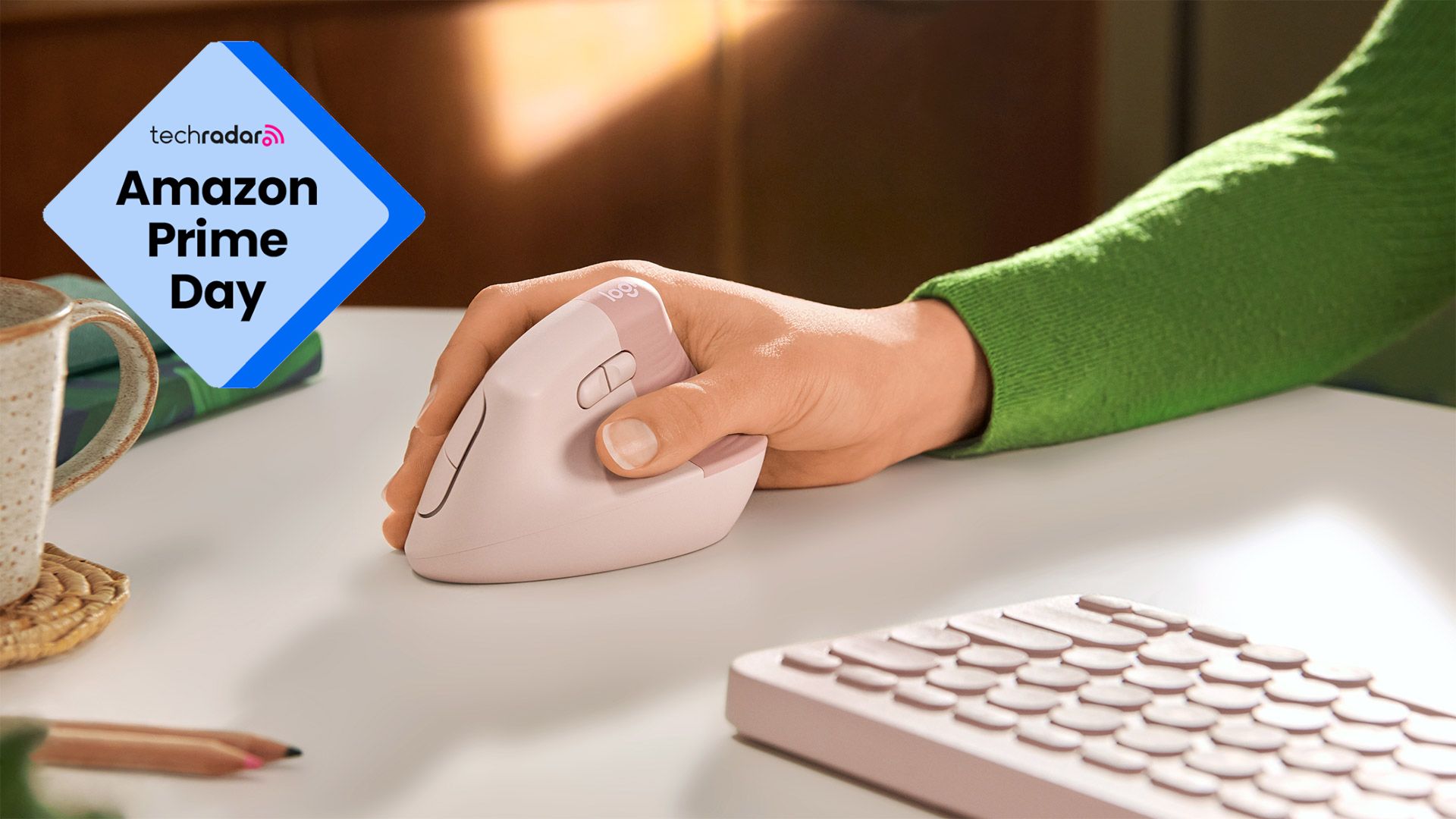 A TechRadar Prime Day deals badge overlays an image of a person using the Logitech Lift vertical mouse at a desk