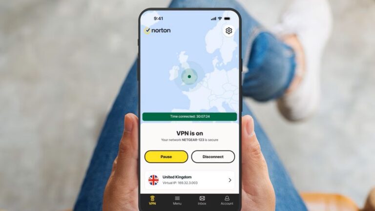 Norton VPN dashboard on a smartphone being held by a user