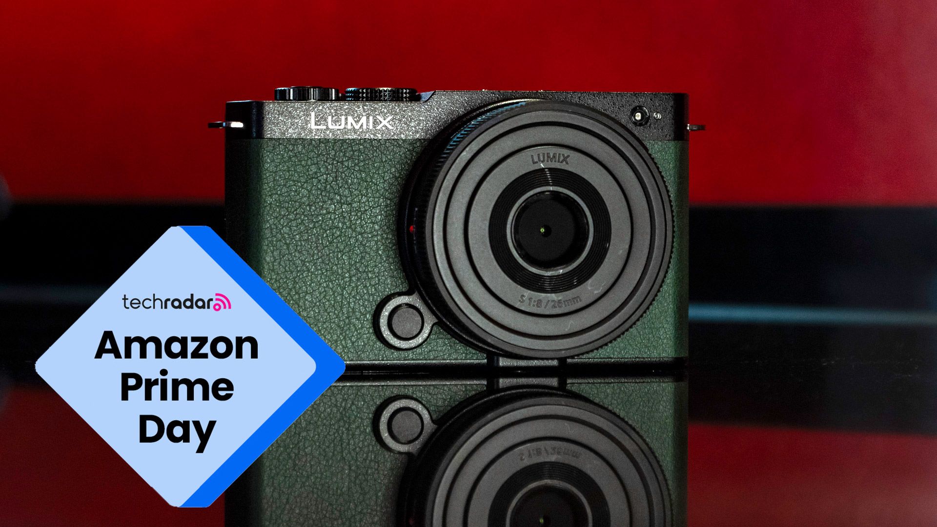 Panasonic Lumix S9 camera in green on a table with an Amazon Prime Day badge in the bottom left.