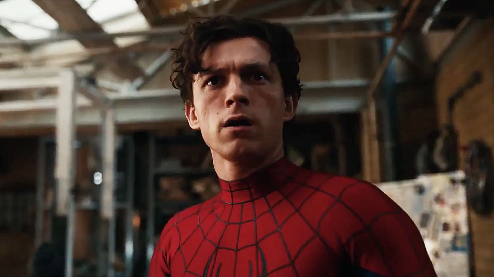 Tom Holland's Peter Parker looking confused while wearing his superhero suit in Spider-Man: Brand New Day
