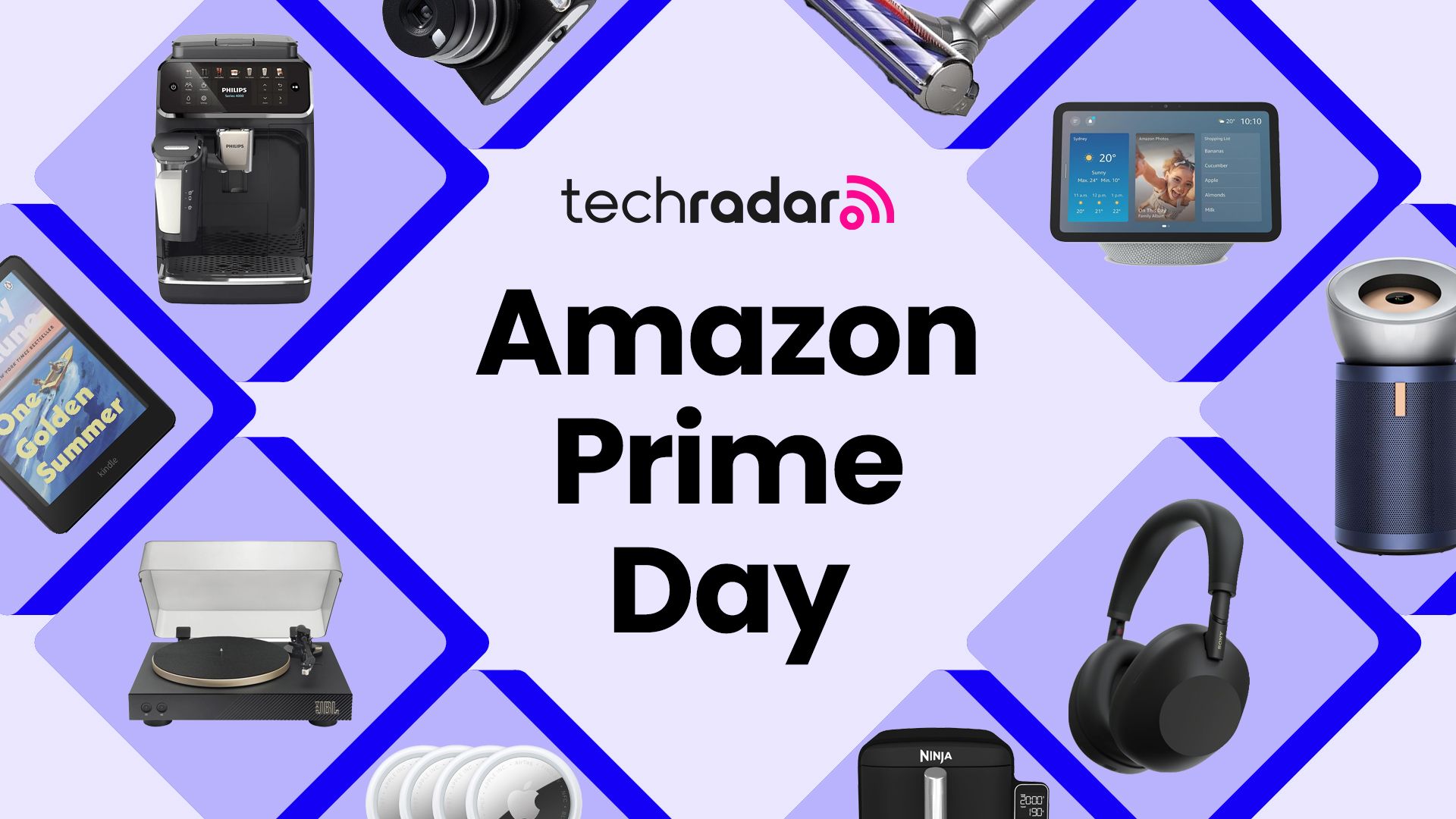 A collection of tech items on Amazon arranged around a TechRadar Prime Day deals badge on a purple background