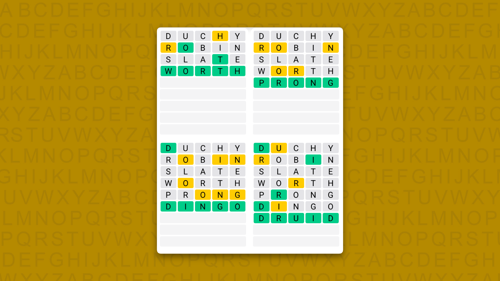 Quordle answers for game 1629 on a yellow background