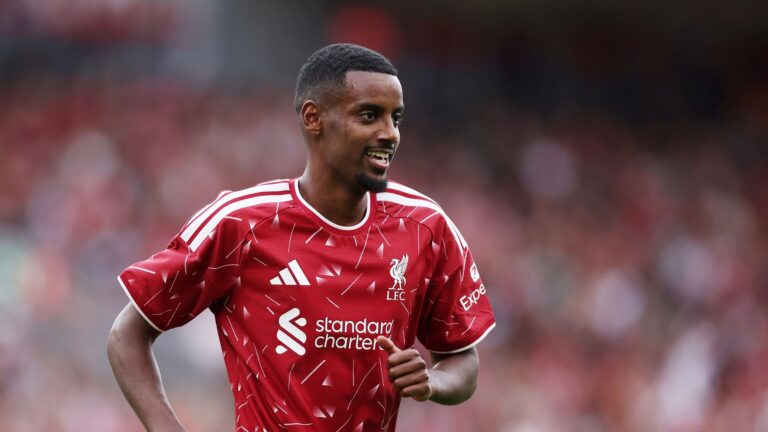 Alexander Isak of Liverpool looks on during the pre-season friendly match between Liverpool FC and Como Calcio at Anfield on August 16, 2026