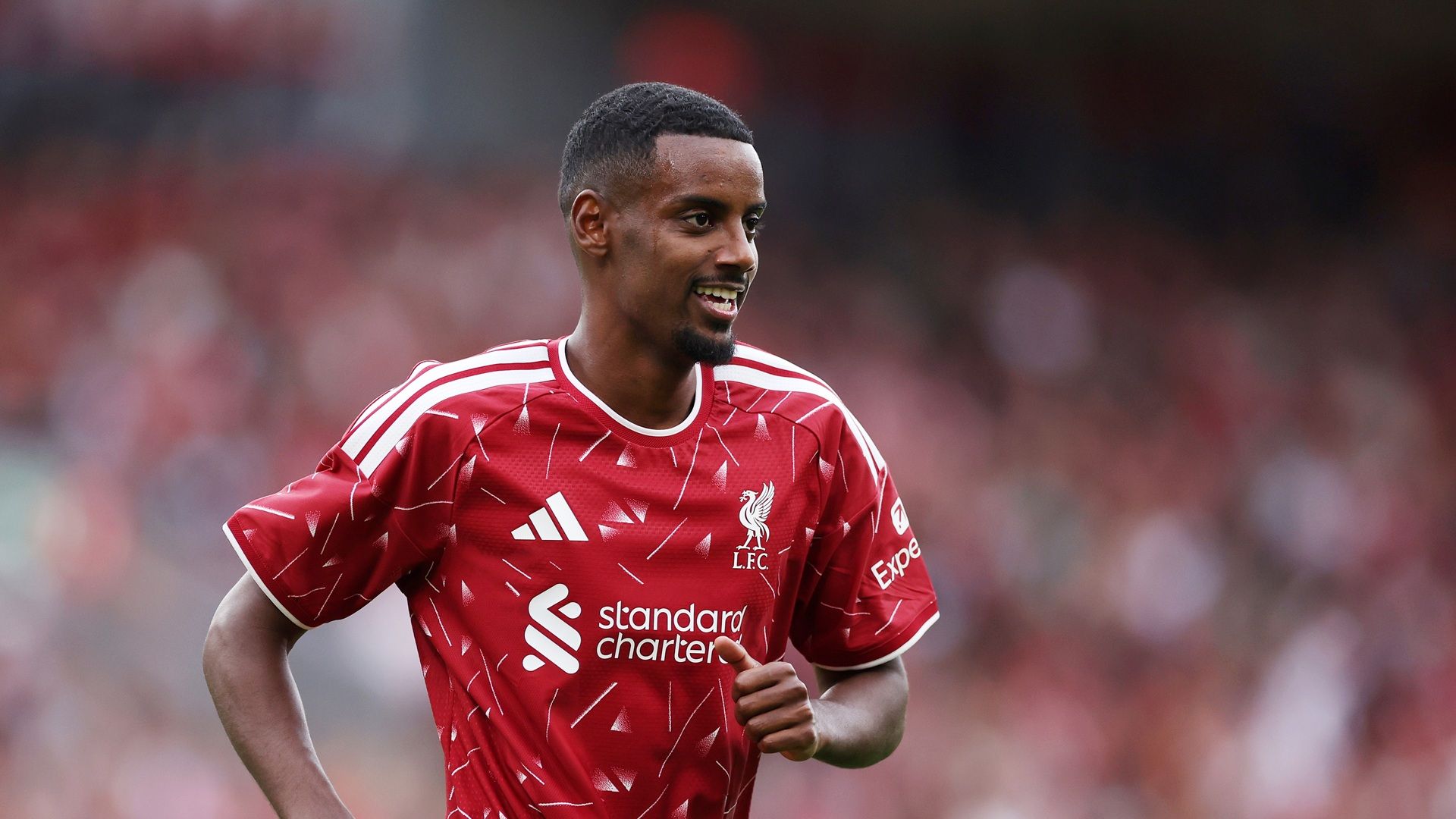 Alexander Isak of Liverpool looks on during the pre-season friendly match between Liverpool FC and Como Calcio at Anfield on August 16, 2026