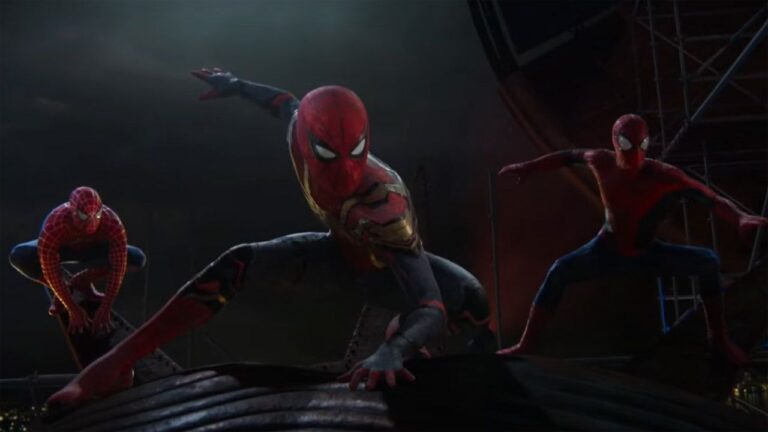 Tom Holland's, Tobey Maguire's, and Andrew Garfield's Spider-Men pose in No Way Home