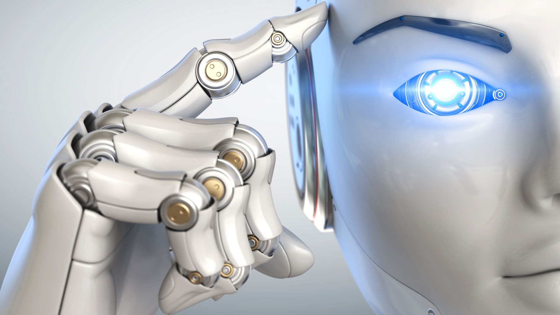 AI robot touching forehead