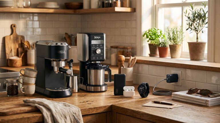 A father's day scene showing the Iniu P50 45W 10,000mAh power bank, Apple AirPods 4, Amazfit Active 2 smartwatch, De'Longhi Dedica Arte espresso machine, Ninja Swirl, and Anker Nano Charger