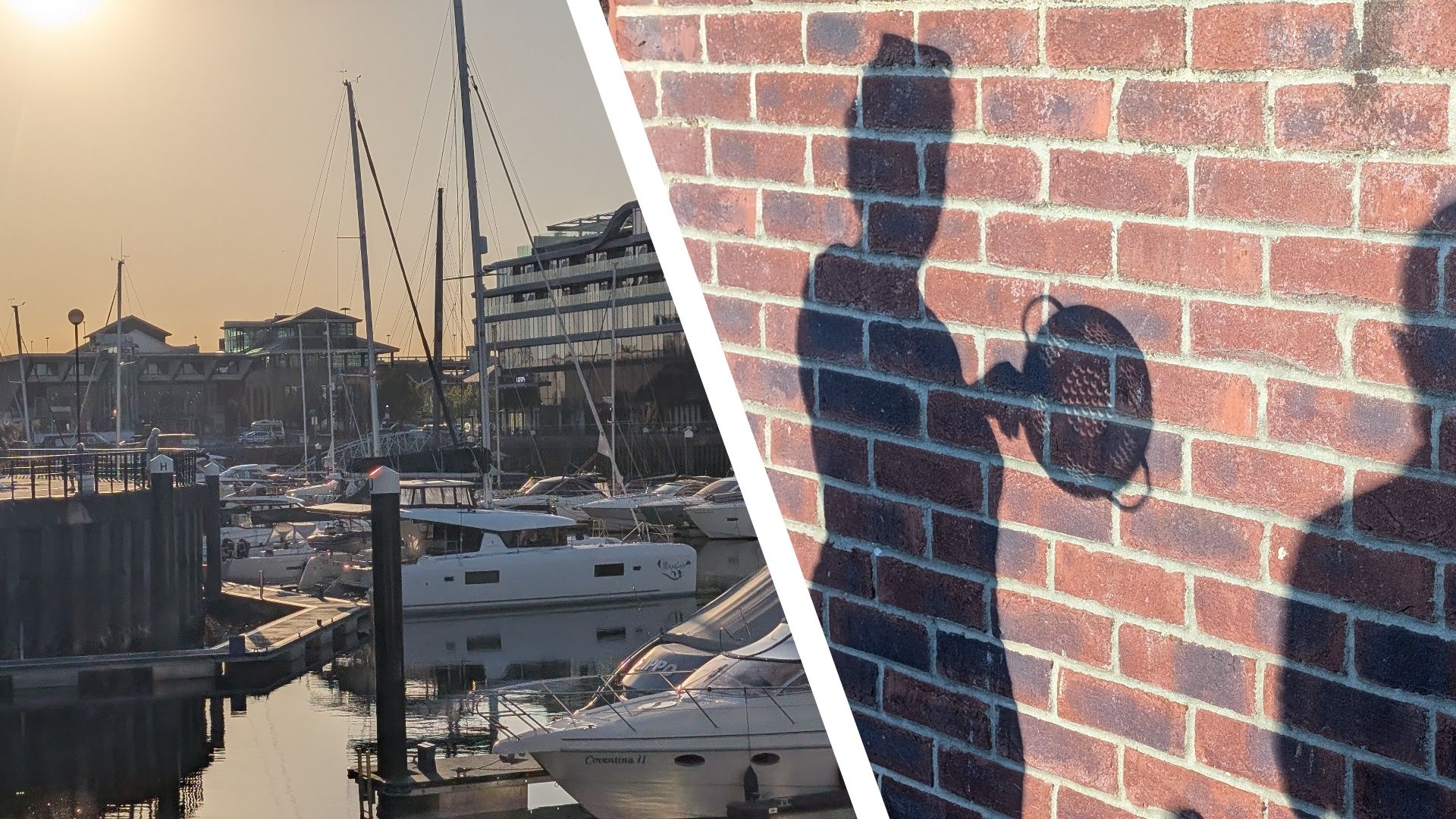 Boats in a marina at sundown during the 2026 solar eclipse, alongside a shadow on a wall of a person holding a colander
