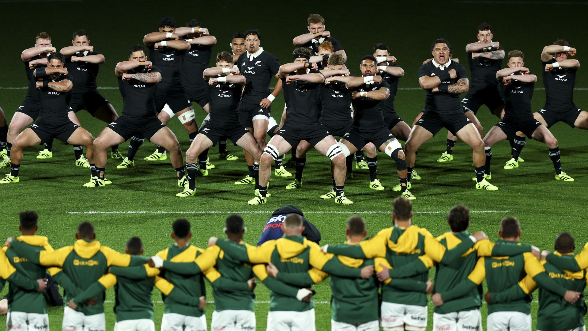 The All Blacks performing a haka before a clash with the Springboks