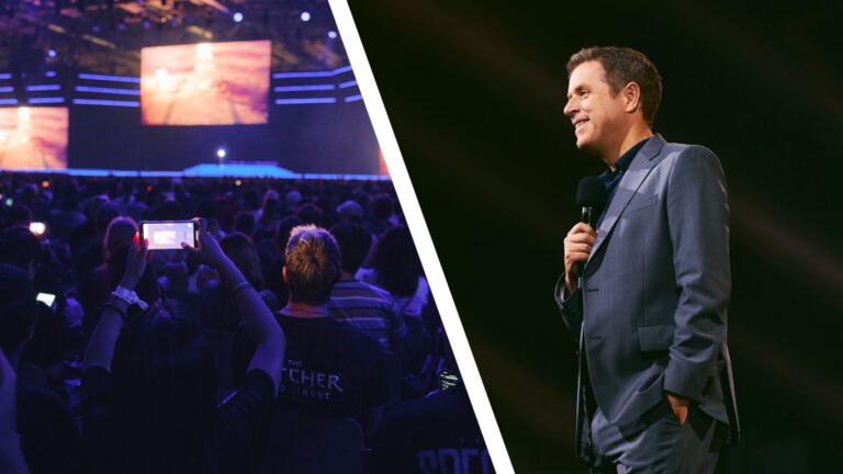 Two images of Gamescom Opening Night Live.