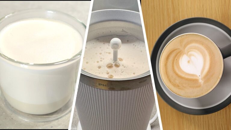 Split image showing mug of milk foam, milk in electric milk frother, and a latte with a heart on top
