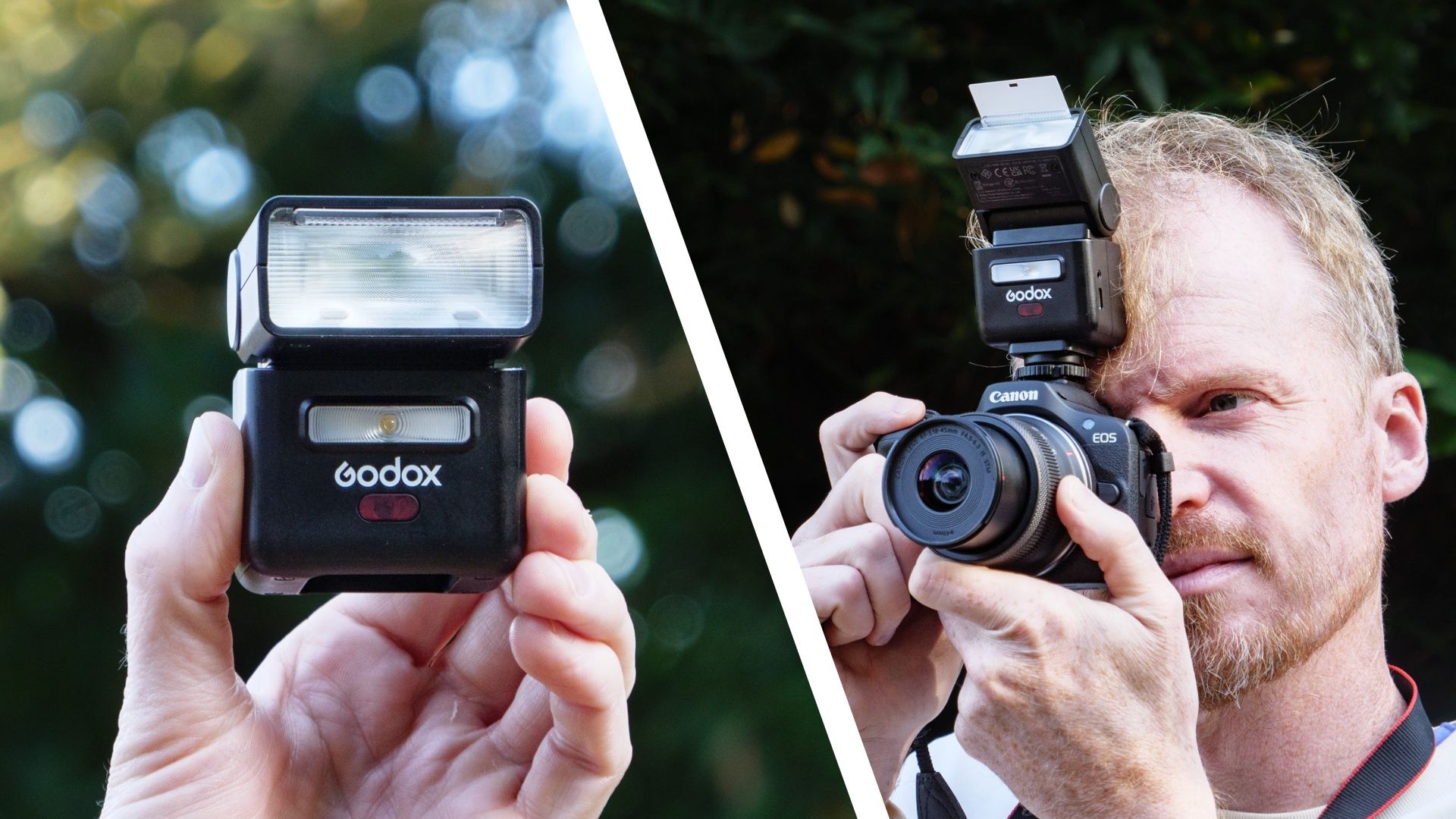 Godox iT32 camera flash in the hand, there's dappled tree light in the background (left) and TechRadar Cameras Editor Tim Coleman's holding a Canon camera up to his eye with the flash attached (right)