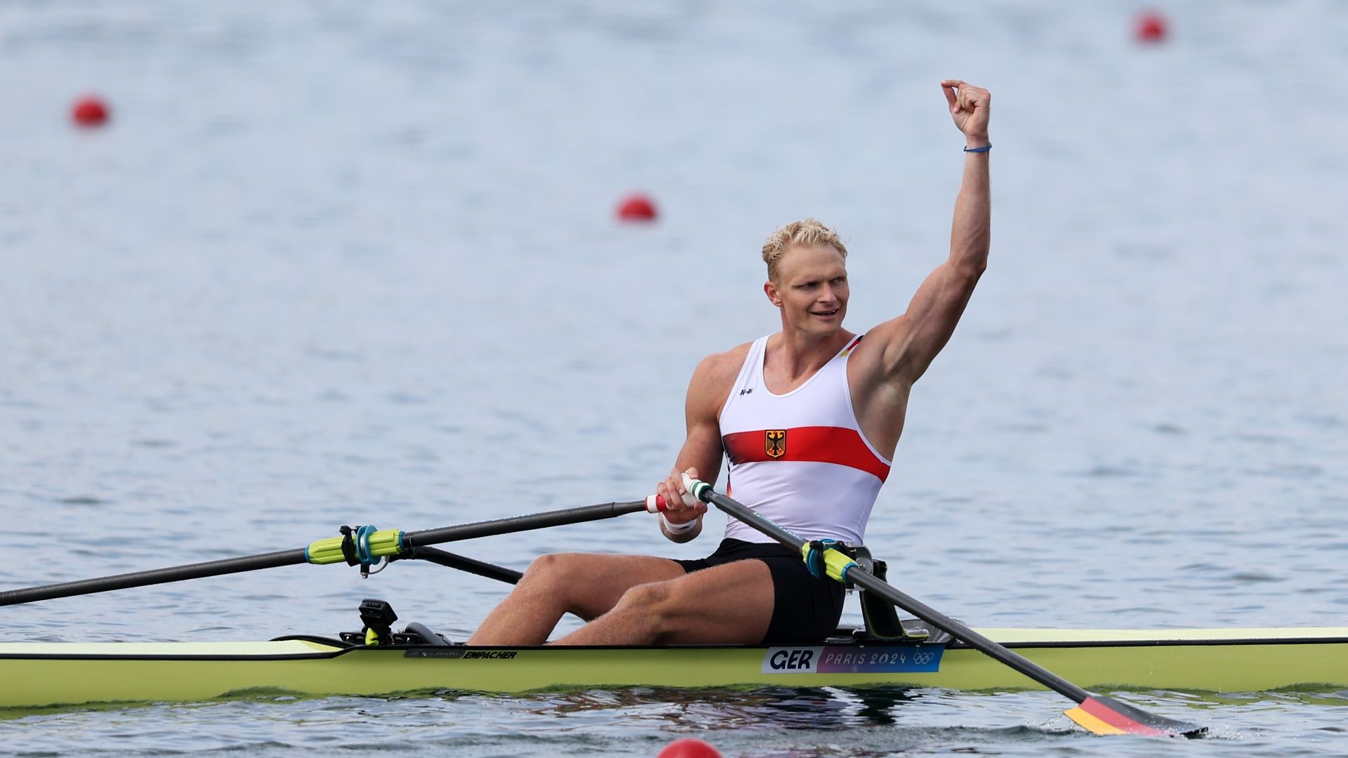 Rower Oliver Zeidler celebrates winning men's single sculls gold at the Paris 2024 Olympics
