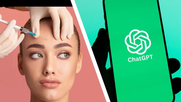 A split image of a woman getting Botox and a ChatGPT image on a smartphone.