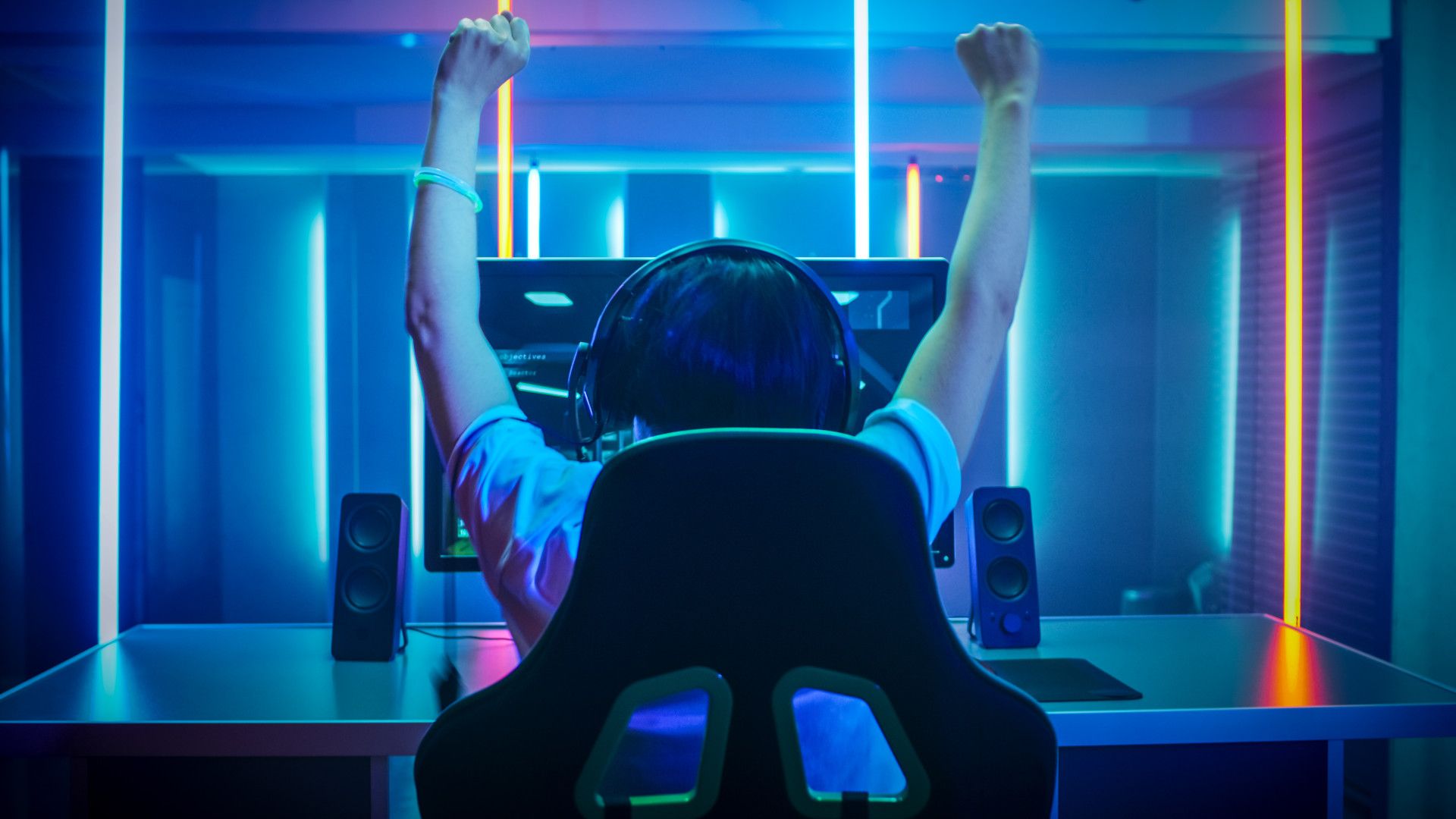 Happy PC gamer sat at their monitor on a desk