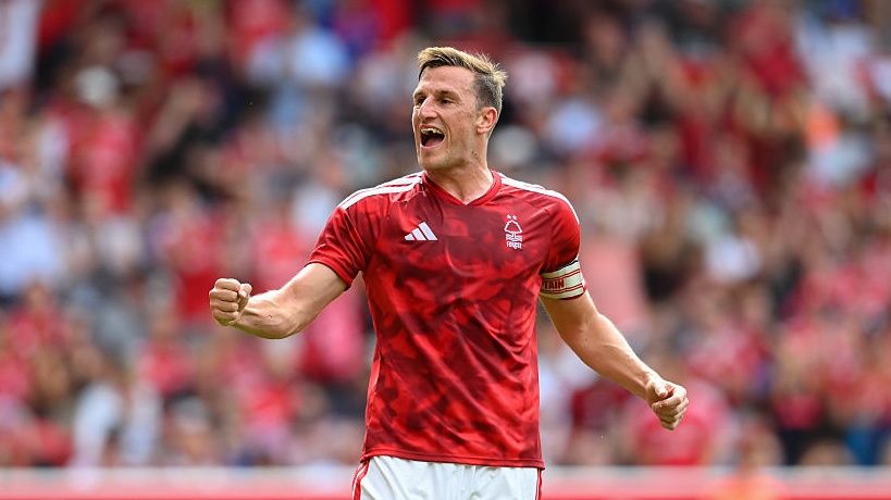 Chris Wood of Nottingham Forest celebrates after scoring from the penalty spot to make it 1-0 during the Pre-season Friendly match between Nottingham Forest and Stade Brestois.