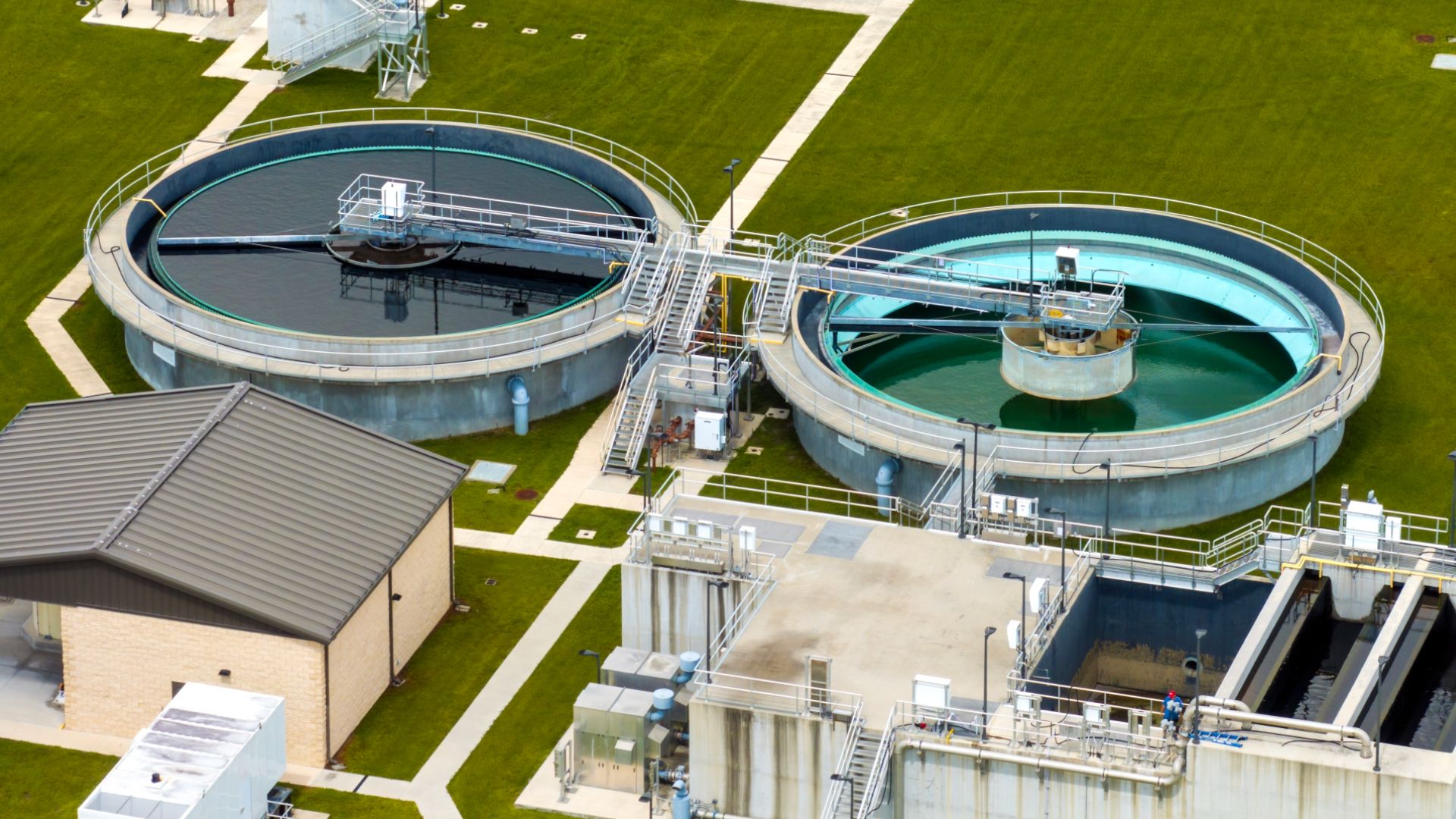 Aerial view of water treatment factory at city wastewater cleaning facility